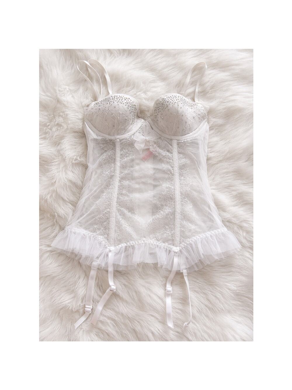 Victoria’s Secret White Lace Bustier Corset Top 34B Rhinestone Lingerie Y2K